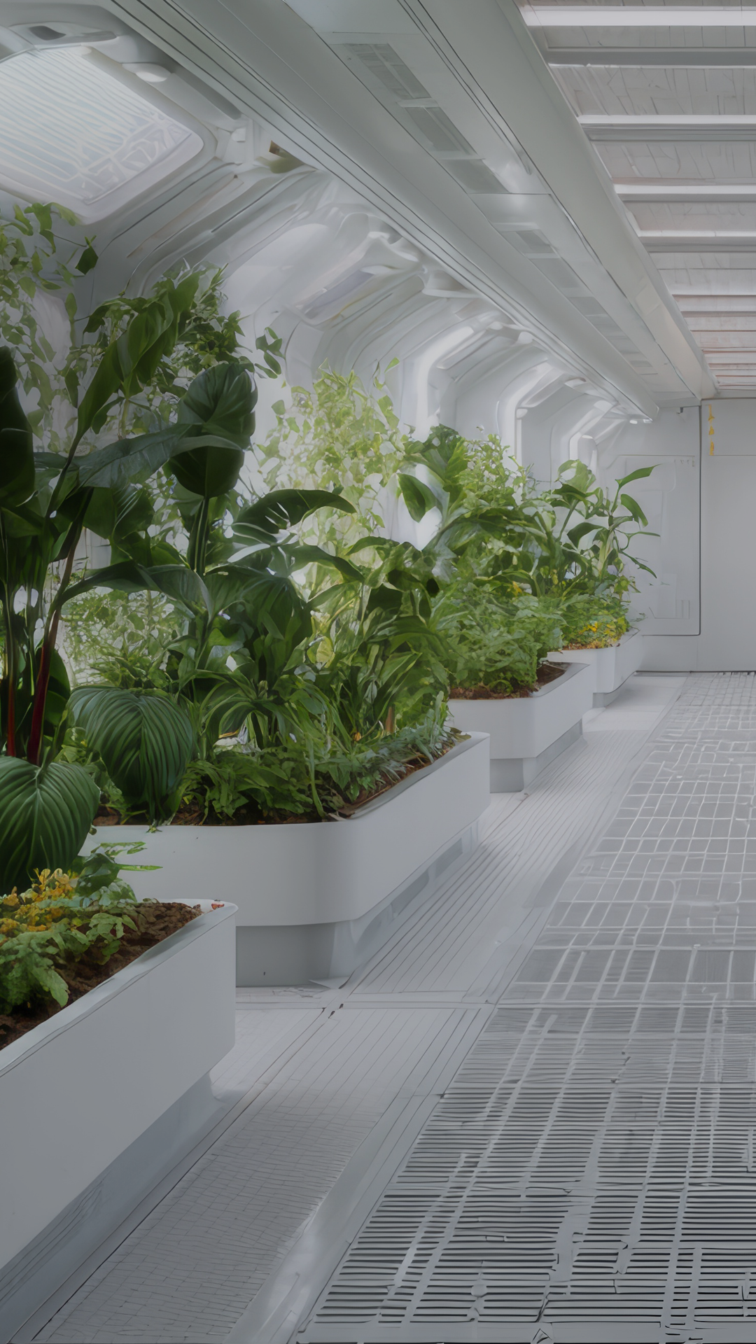 Indoor greenhouse with white futuristic walls and large green plants in white planters.