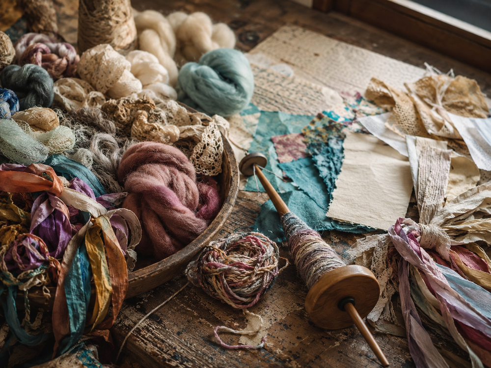 Wool, sari silk, ribbons, handmade paper and art yarn materials