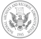 Seal of the National Archives and Records Administration with an eagle holding arrows and an olive branch, with a shield on its chest and a scroll in its beak, dated 1985.