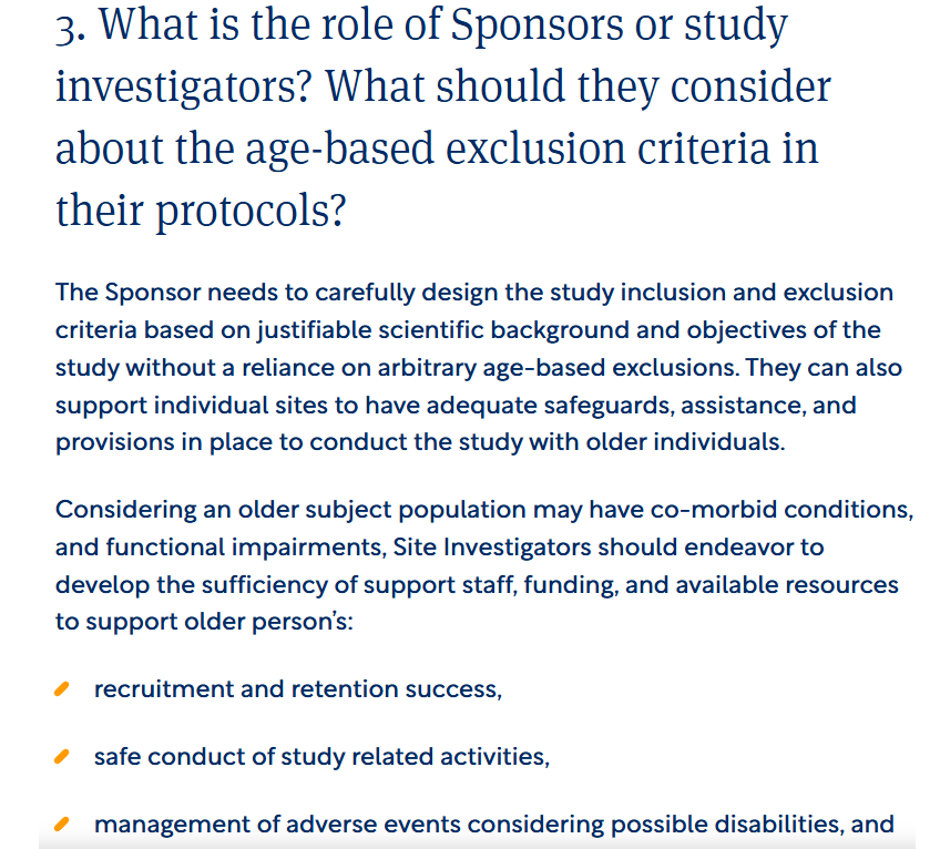 Screenshot explaining the role of study sponsors and investigators in designing age-inclusive clinical trial protocols