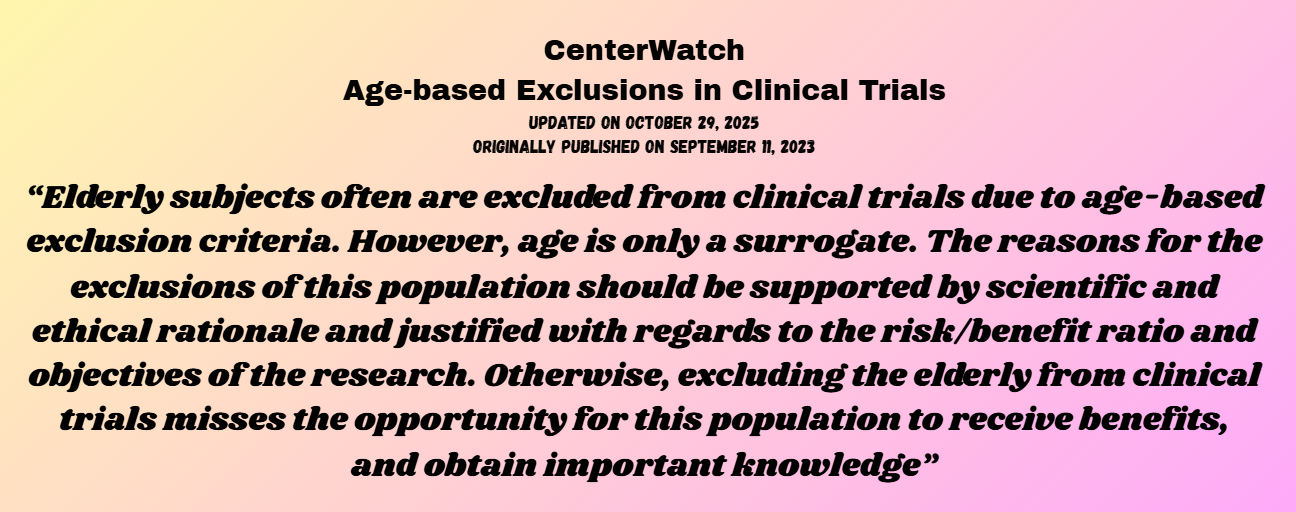 Text explaining the importance of including elderly subjects in clinical trials for scientific and ethical reasons, with a colorful gradient background.