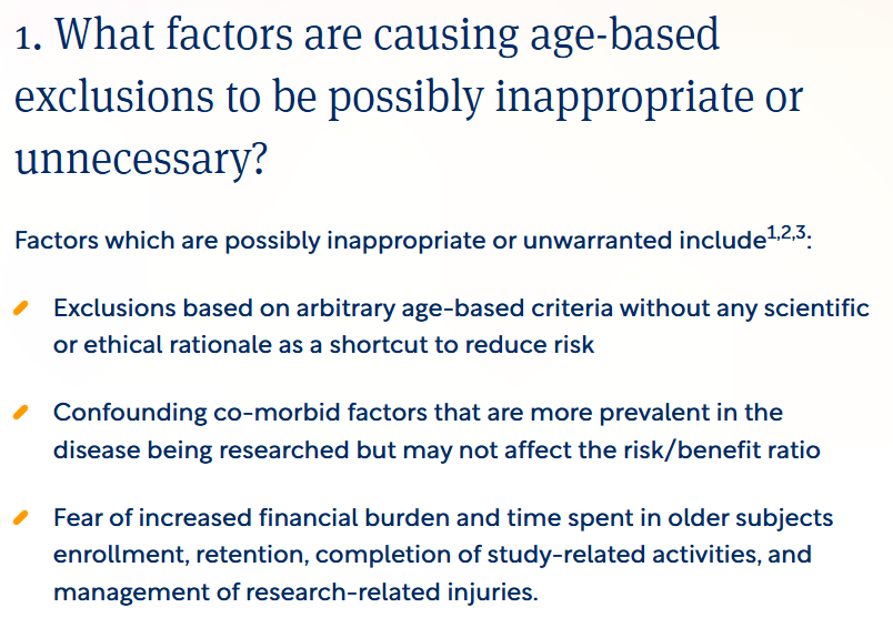 Screenshot of a clinical research article section discussing factors that contribute to inappropriate or unnecessary age based exclusions in clinical trials.