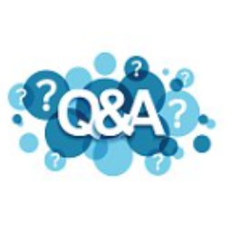 Q&A text surrounded by blue question marks