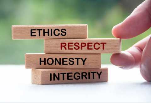 Four wooden blocks stacked one on top of the other with words: ETHICS, RESPECT, HONESTY, INTEGRITY, and a person's finger about to move the RESPECT block.