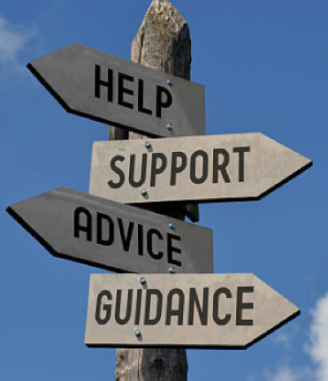 Directional signs pointing to help, support, advice, and guidance.
