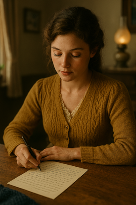 October 3rd, 1944
Maple Hollow, Pennsylvania
My Darling James,
I read your letter beneath the old oak tree where we carved our initials that summer before you left. The leaves are turning nowâburnt orange and goldâand the wind carries your words li