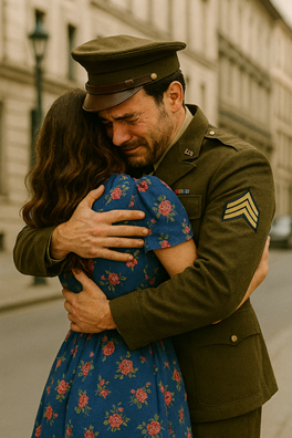 As the city hummed quietly around them, time seemed to pause. James, fresh from the front lines, held Eleanor as if letting go would undo the miracle of their reunion. Her dress fluttered gently in the breeze, a burst of color against his worn unifor