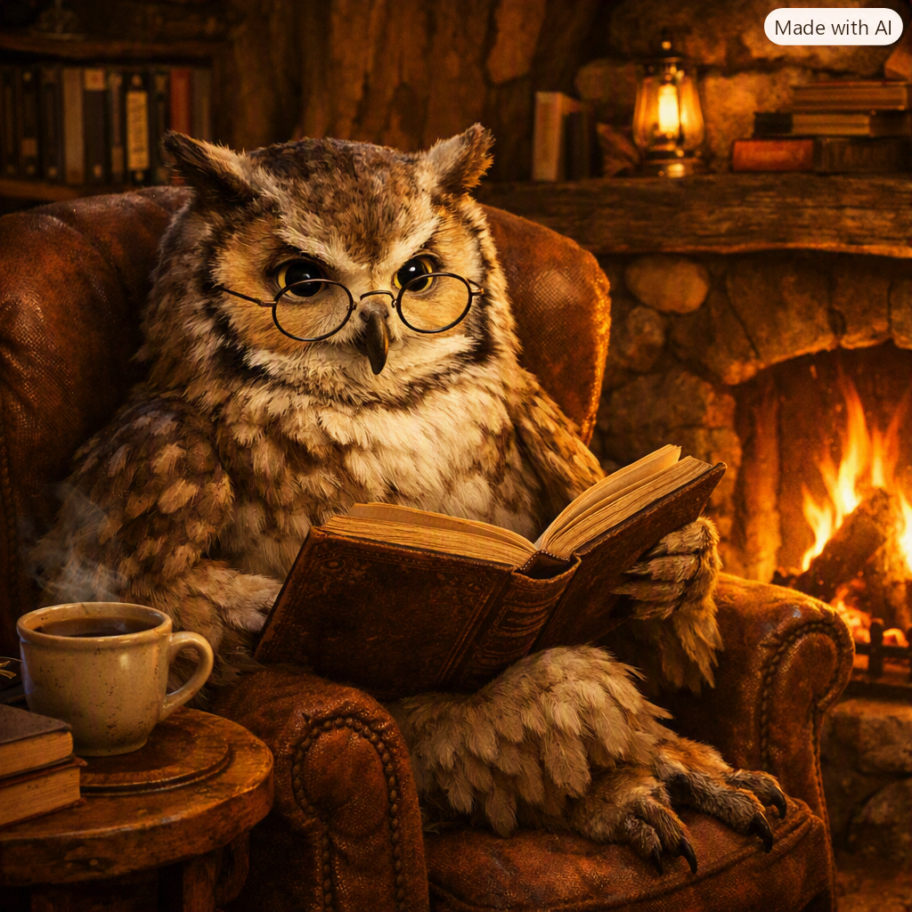 The Fireside Tale of Archimedes Owl
Inside his oak tree nest, Professor Archimedes Owl sits by a crackling wood burning fireplace spectacles perched on his beak, a cup of tea steaming beside him, and a book open in his wing.
He tells of a world that 