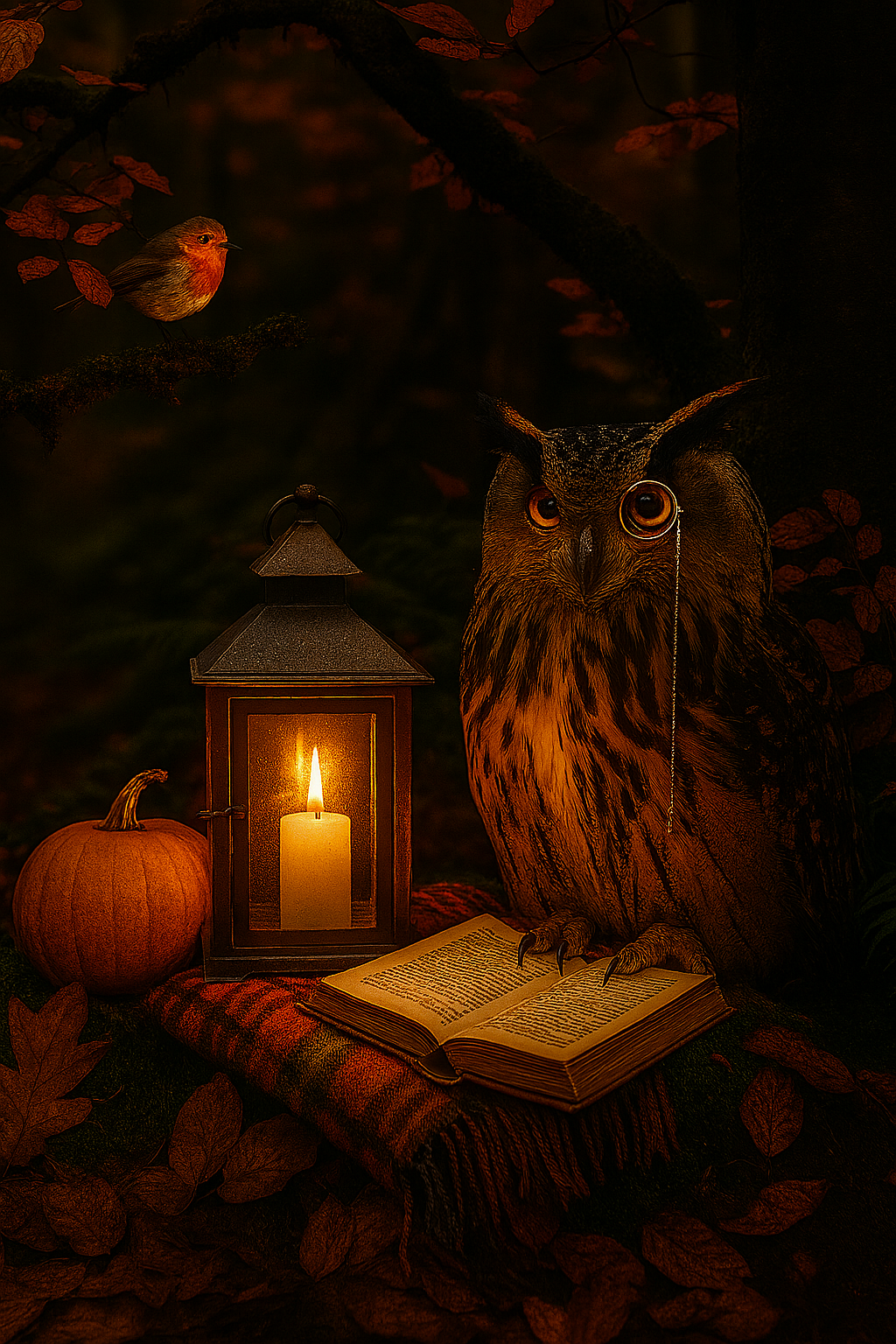 Merlinâs Lantern
In a nook where twilight softly bends, where moss and memory intertwine, an owl named Merlin makes amends
With time, and tea, and tales divine. His perch: a plaid and cushioned throne,A lantern warm, its golden glow spills secrets