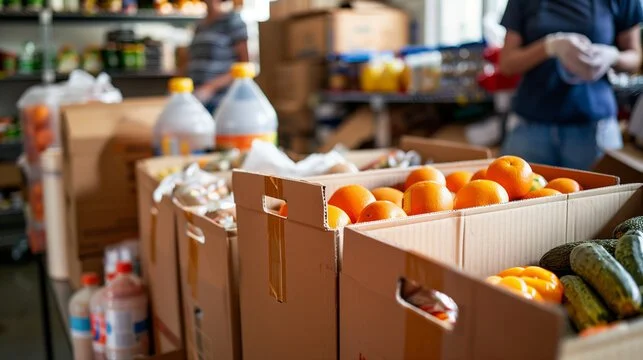 Boxes of oranges and zucchinis on a table in a food bank or distribution center with volunteers in the background.