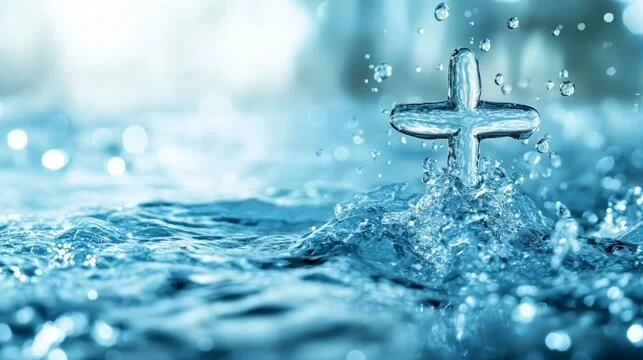 A cross-shaped object emerging from water with splashes around it.