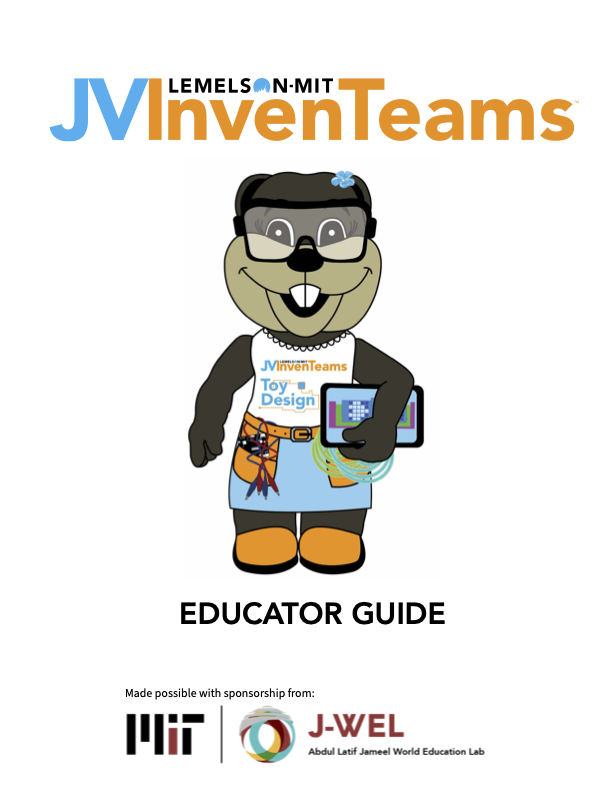 Cover page of the JV InvenTeams Educator Guide featuring a cartoon otter wearing safety goggles, a lab coat with a toy design, holding a tablet, and wearing orange shoes. The guide is sponsored by MIT and J-WEL.