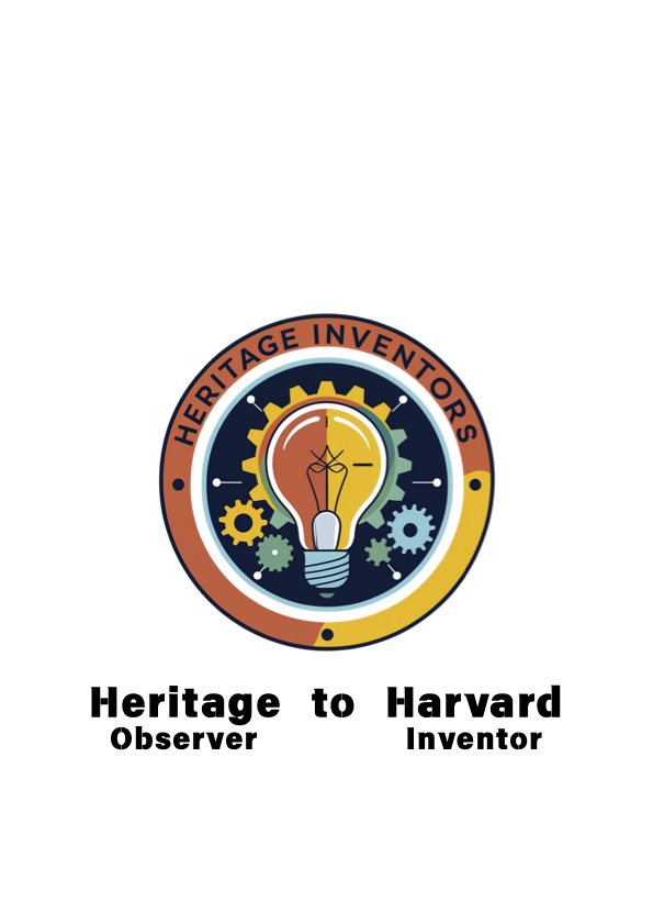 A logo for Heritage Inventors featuring a light bulb surrounded by gears, with the text "Heritage Inventors" encircling it. Below the logo, the phrase "Heritage to Harvard" is written, with "Observer" underneath "Heritage" and "Inventor" underneath "Harvard".
