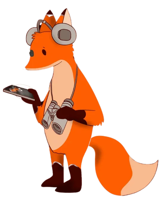 Een cartoon vos met een verrekijker en een koptelefoon, die naar een tablet kijkt.