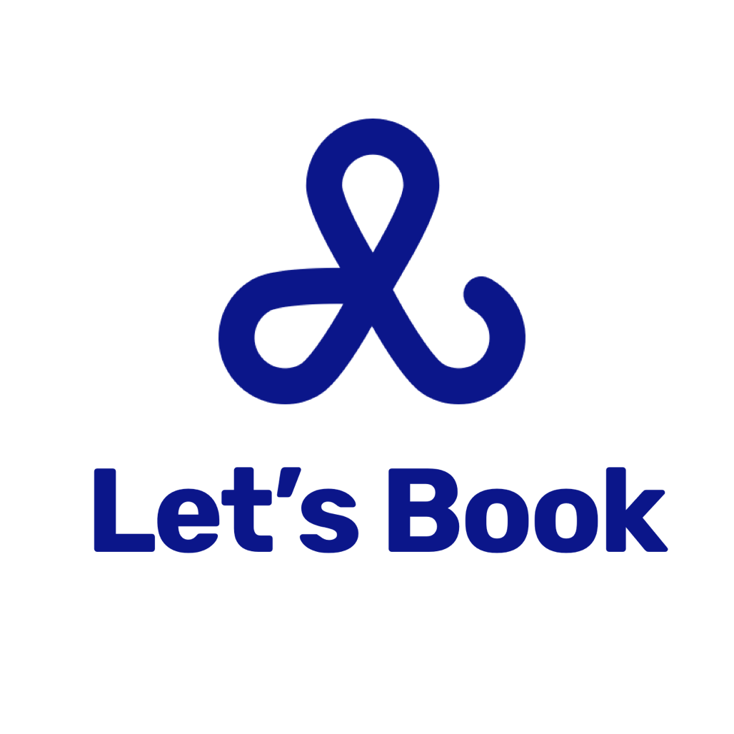 Logo met een blauw symbool en de tekst "Let's Book" eronder.