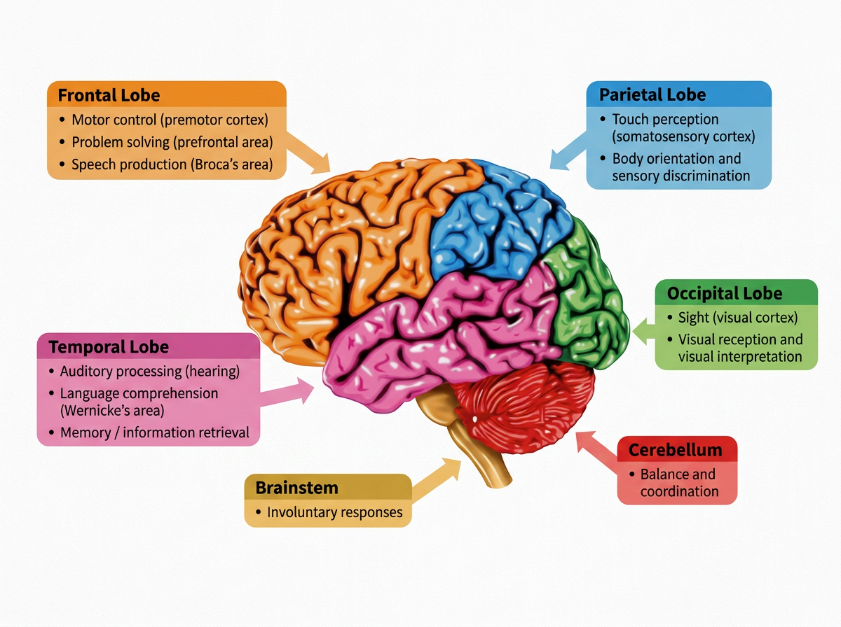 Diagram of the human brain showing different lobes with color-coded labels and descriptions: frontal lobe (orange) responsible for motor control, problem solving, speech production; parietal lobe (blue) for touch perception, body orientation; occipital lobe (green) for sight and visual interpretation; temporal lobe (pink) for auditory processing, language comprehension, memory; brainstem (yellow) for involuntary responses; cerebellum (red) for balance and coordination.