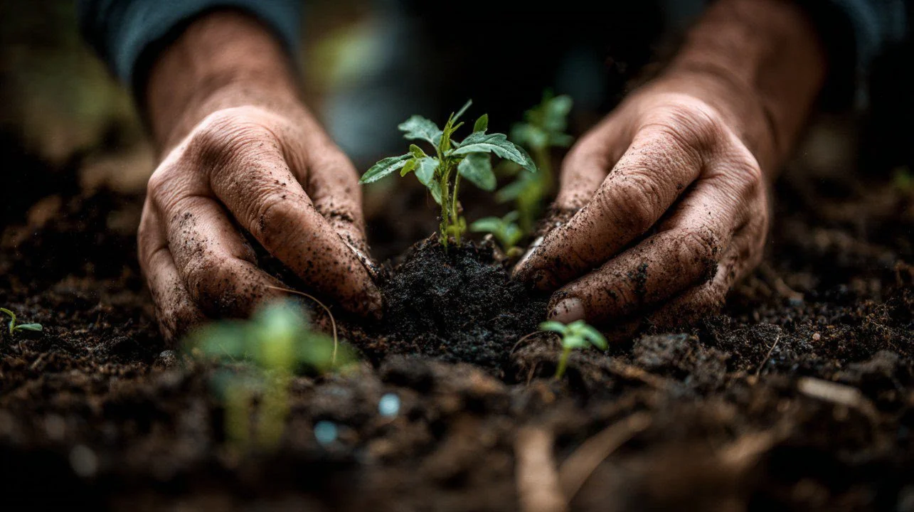 A person planting a seedling into the soil with their hands.