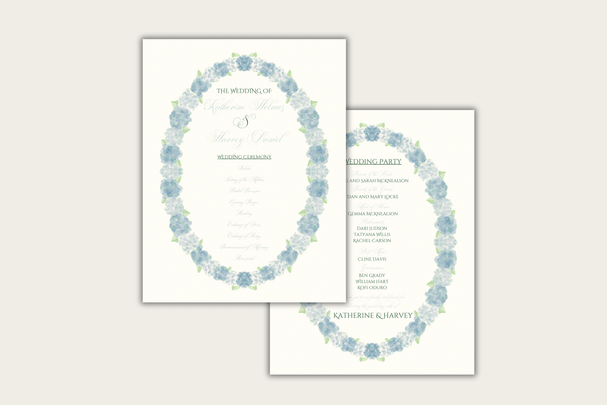 Hydrangea Wedding Program | Blue Floral Ceremony Program | Front & Back Wedding Program
