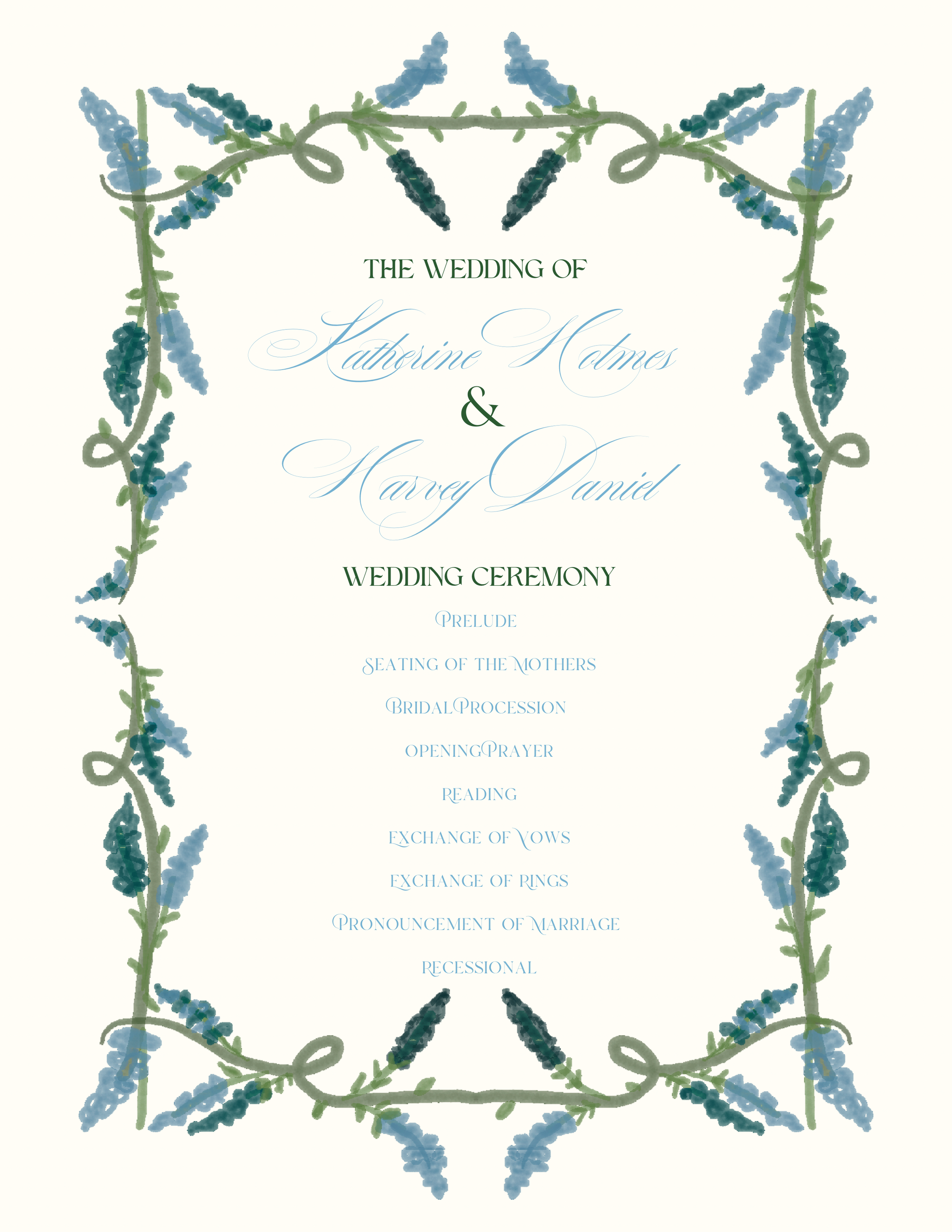 Bluebonnet Watercolor Wedding Program | Printed Ceremony Program (Front & Back)