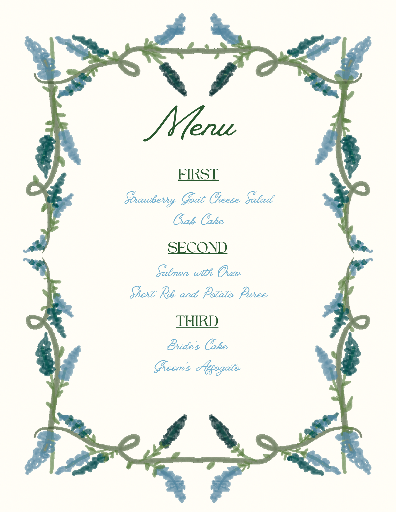 Bluebonnet Watercolor Wedding Menu | Printed Floral Reception Menu Cards