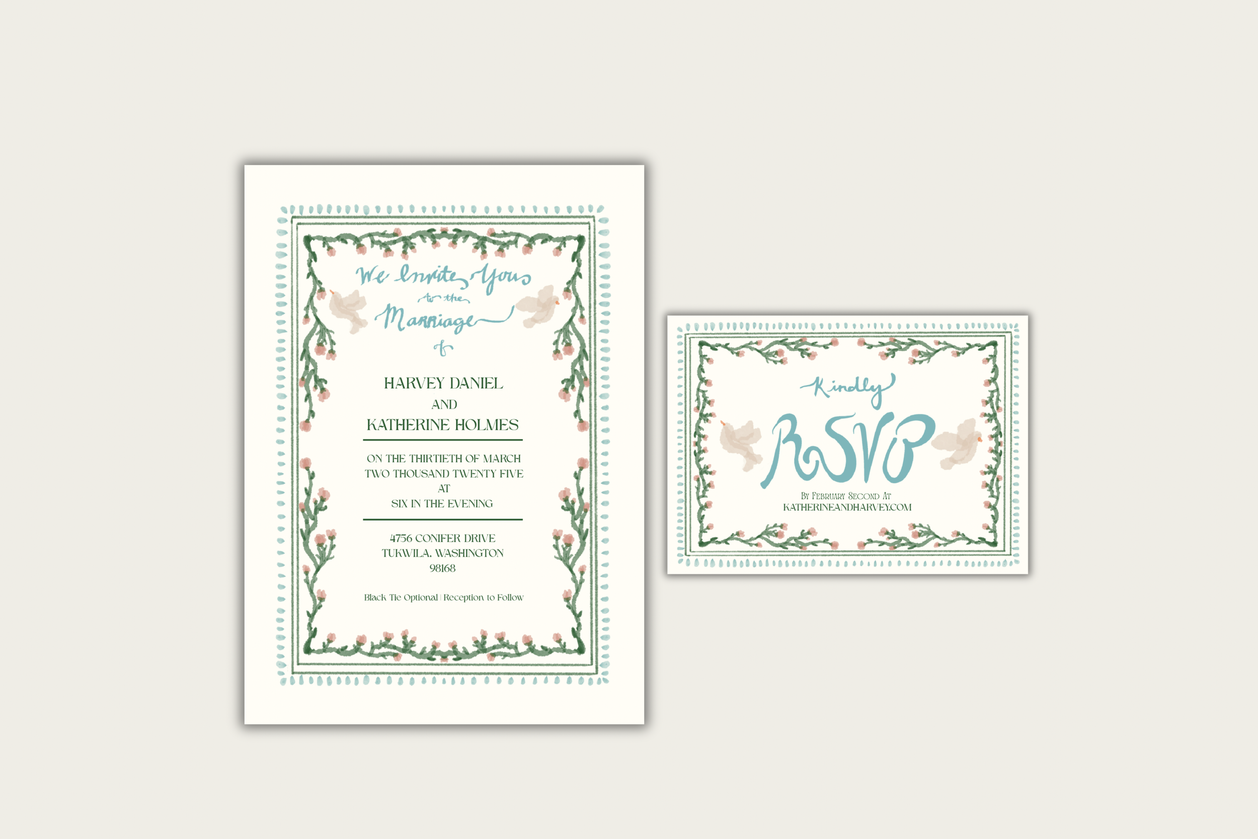 Vintage Dove Wedding Invitation Set | Tulip Floral Invite with RSVP | Romantic Blue Wedding Invitation Suite