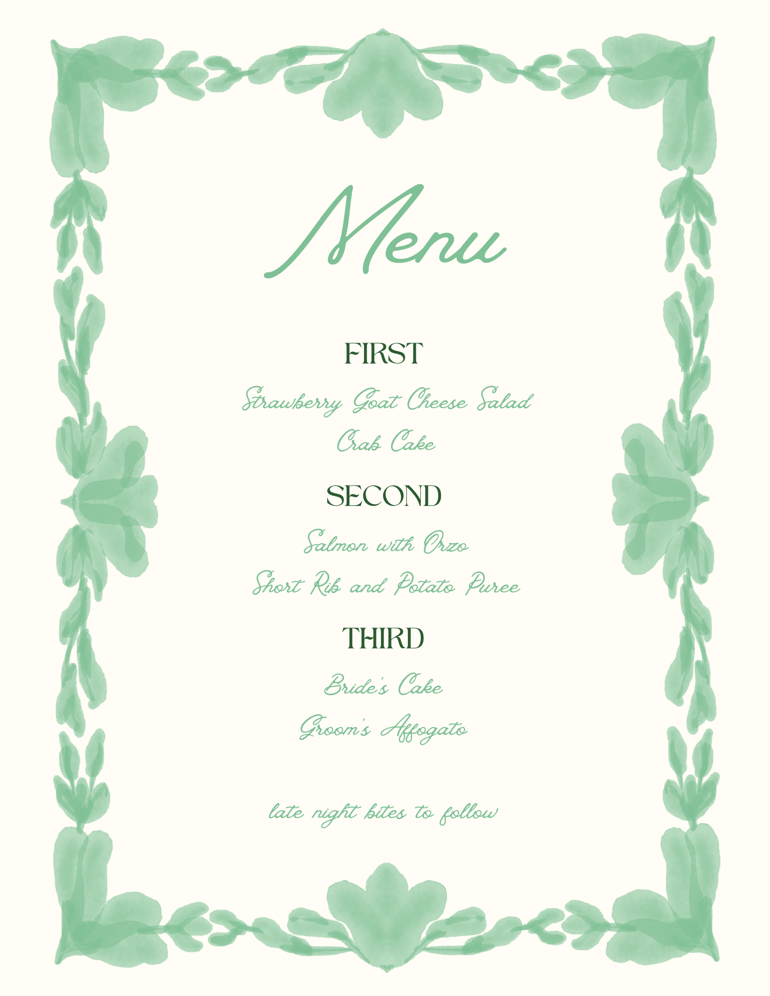 Green Tulip Wedding Menu