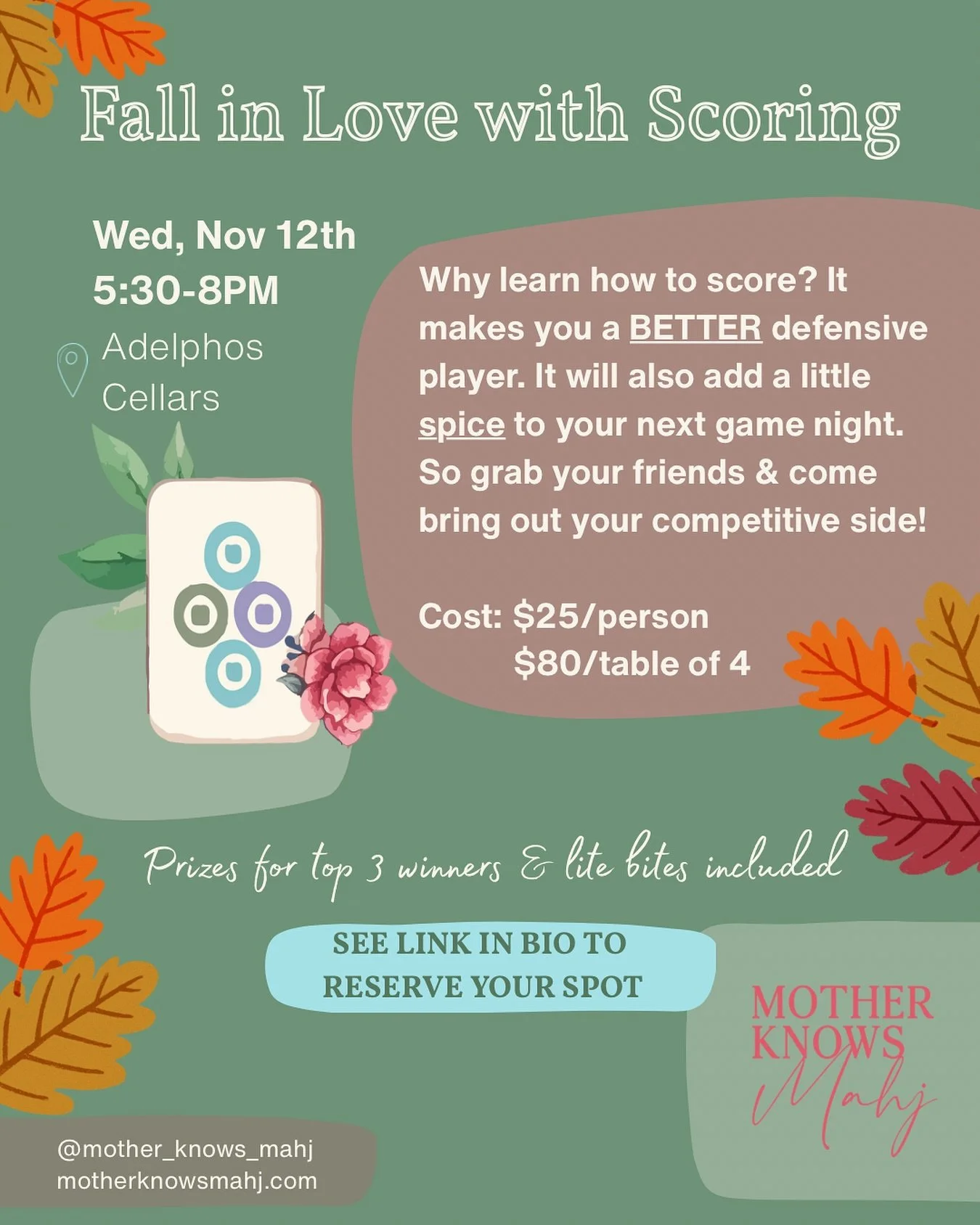 Up your game by learning how to score! Trust me, it&rsquo;s super fun! Join me for a short lesson and then let&rsquo;s get to playin&rsquo; and scorin&rsquo;😉.
📝Sign up through the link in my bio.
#mahjong #getyourgameon #competition