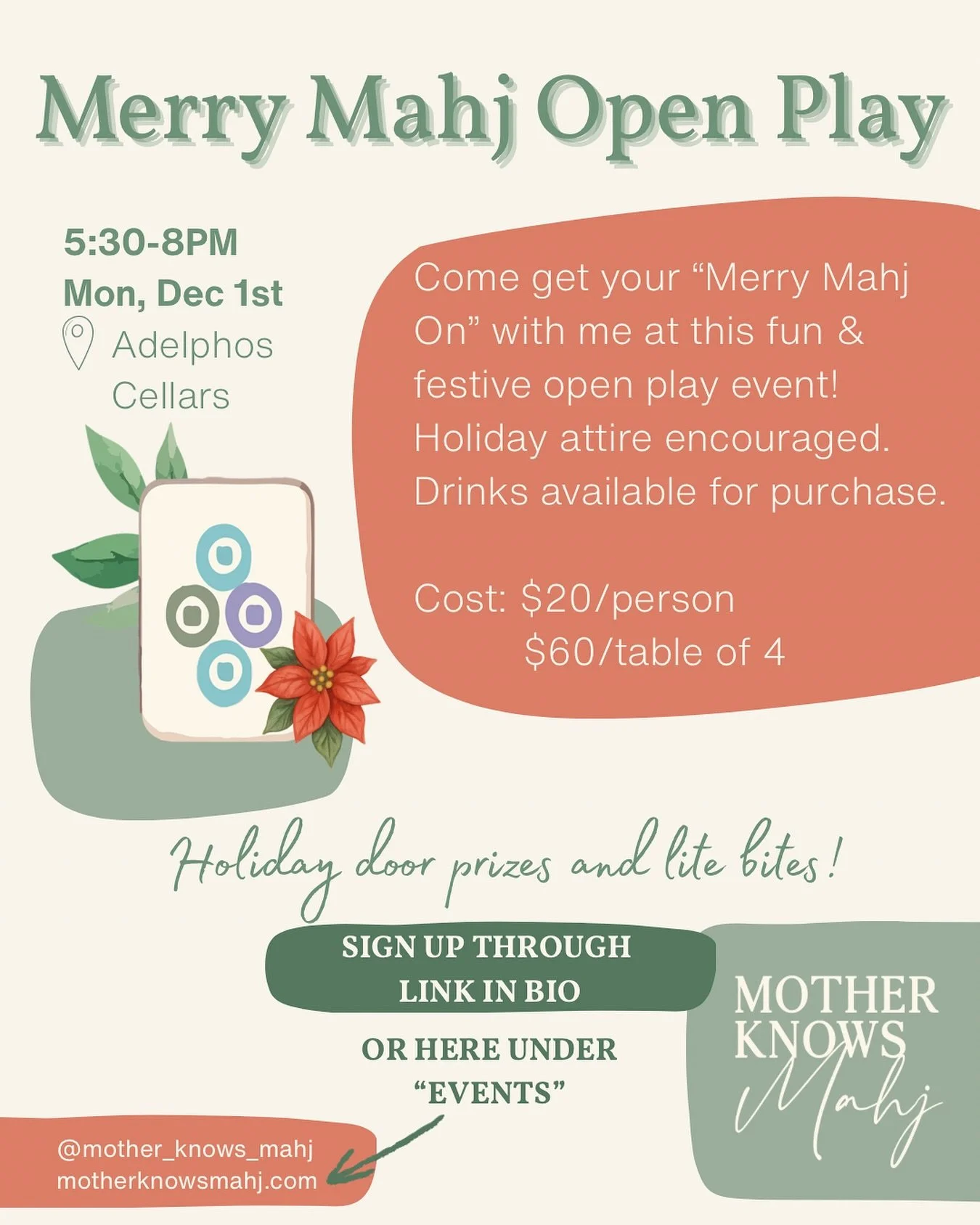 I LOVE the holiday season and what better way to kick it off than with a night of Merry Mahjong!🎄There will be Christmas tiles, yummy lite bites and holiday-themed door prizes! 🧑&zwj;🎄🎅 

🔗Don&rsquo;t miss out! Sign up through the &ldquo;Book a 