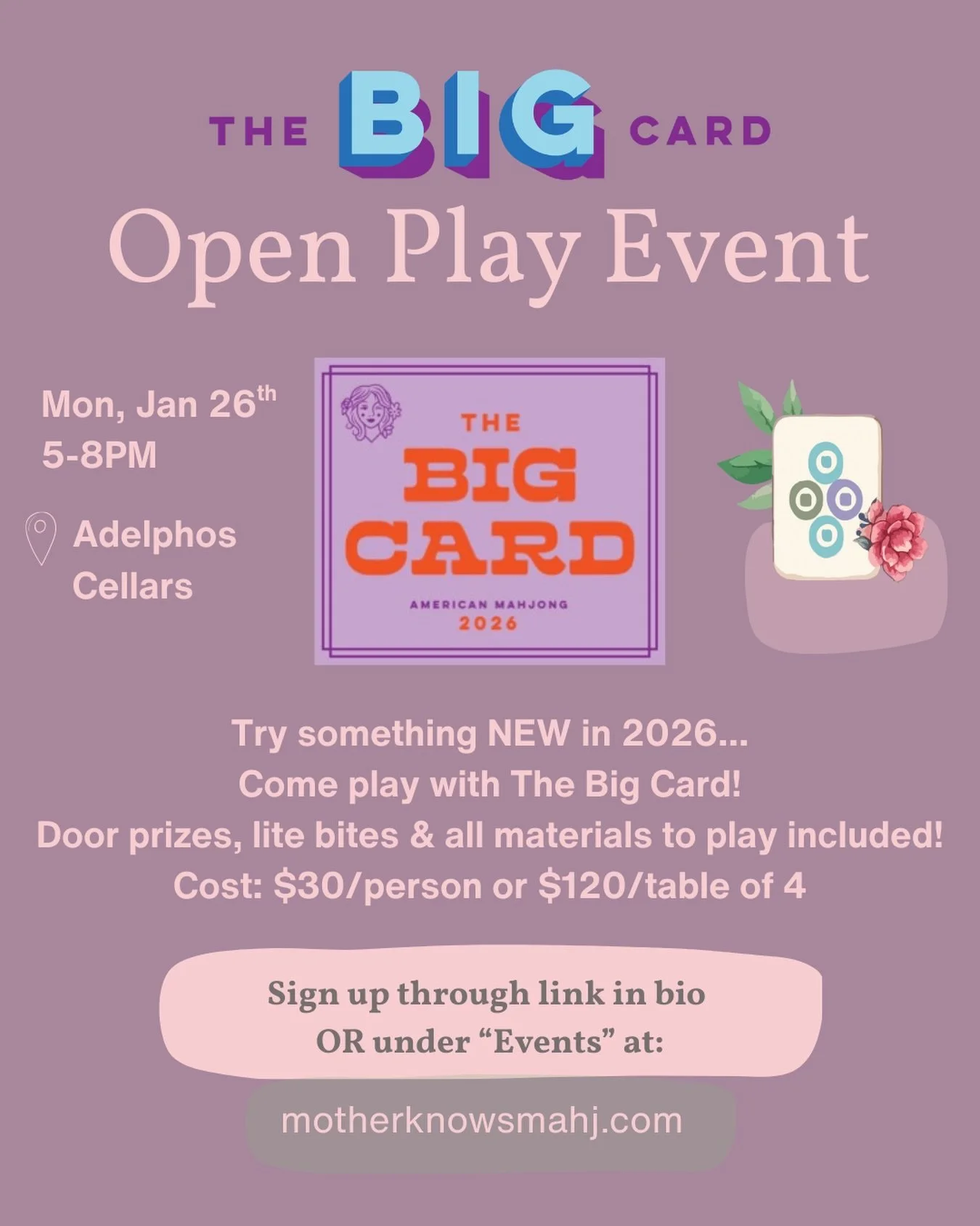 New year, new exciting card to play on! Let&rsquo;s dive into The Big Card together and see what all the Mahjong world buzz is about😉. 
Everything you need to play the game will be provided, including The Big Card.
@thebigcardmahjong 
@themahjonglin