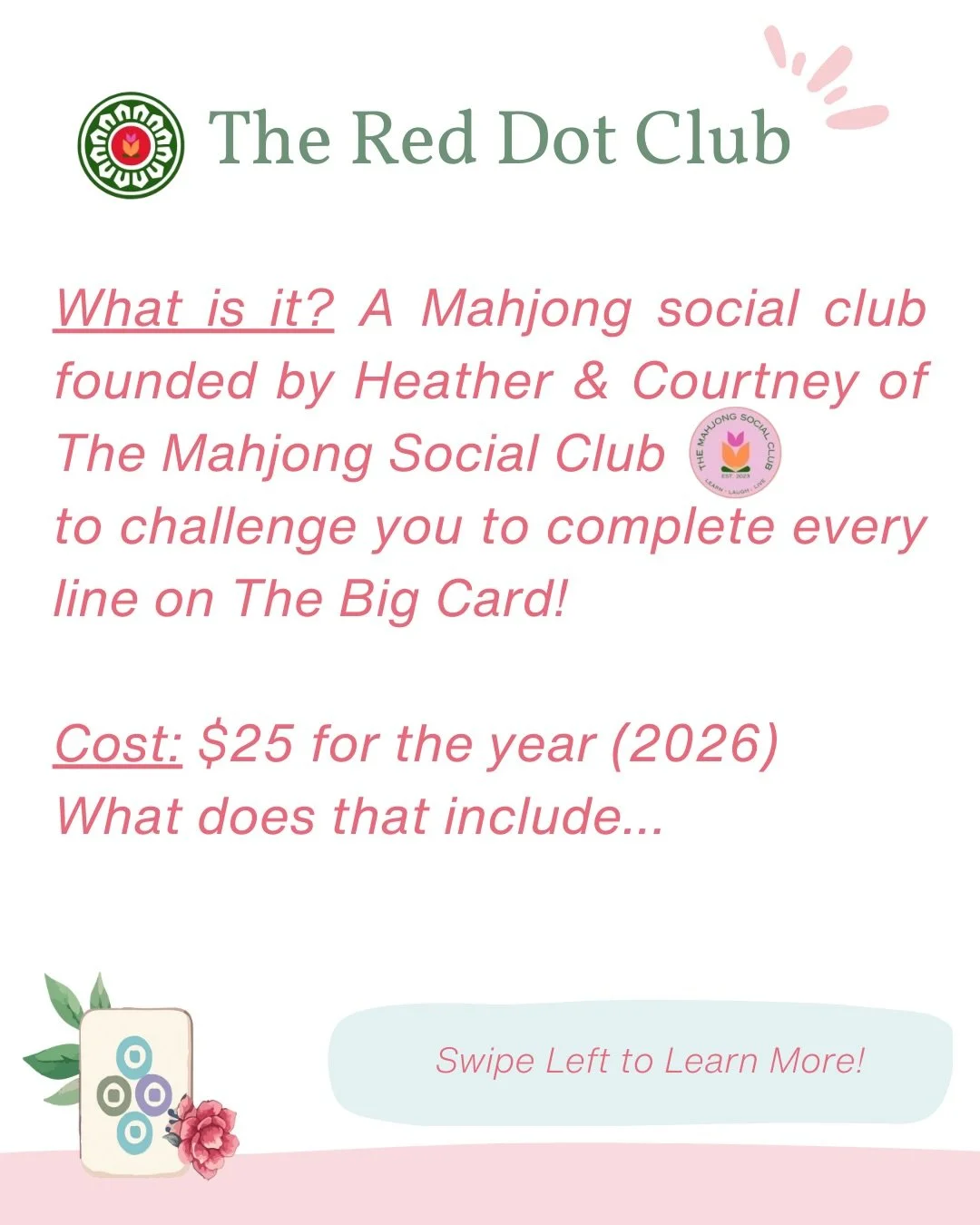 I&rsquo;m so glad @themahjongsocialclub asked me to join forces with them to spread the Red Dot Club love 🫶 ❤️! 
Deets:
🔴Pay $25 to sign up
🔴Get a The Big Card + a Red Dot Club sticker to put on your card
🔴Sign up = 1 entry into the December 2026