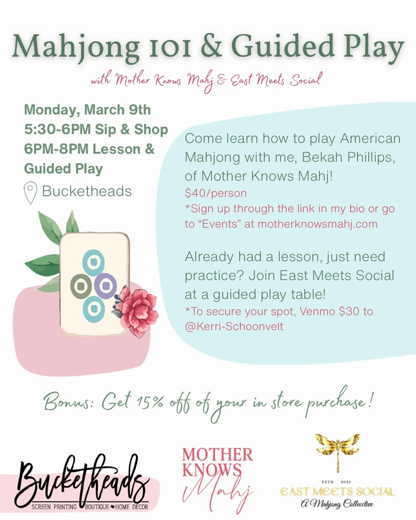 🀄️Come get your Mahj on with myself and East Meets Social next month @bucketheads_lbk !
Learn how to play American Mahjong with me at a 101 beginner lesson table or&hellip;if you&rsquo;ve had a lesson or two, join a guided play table with Andrea and