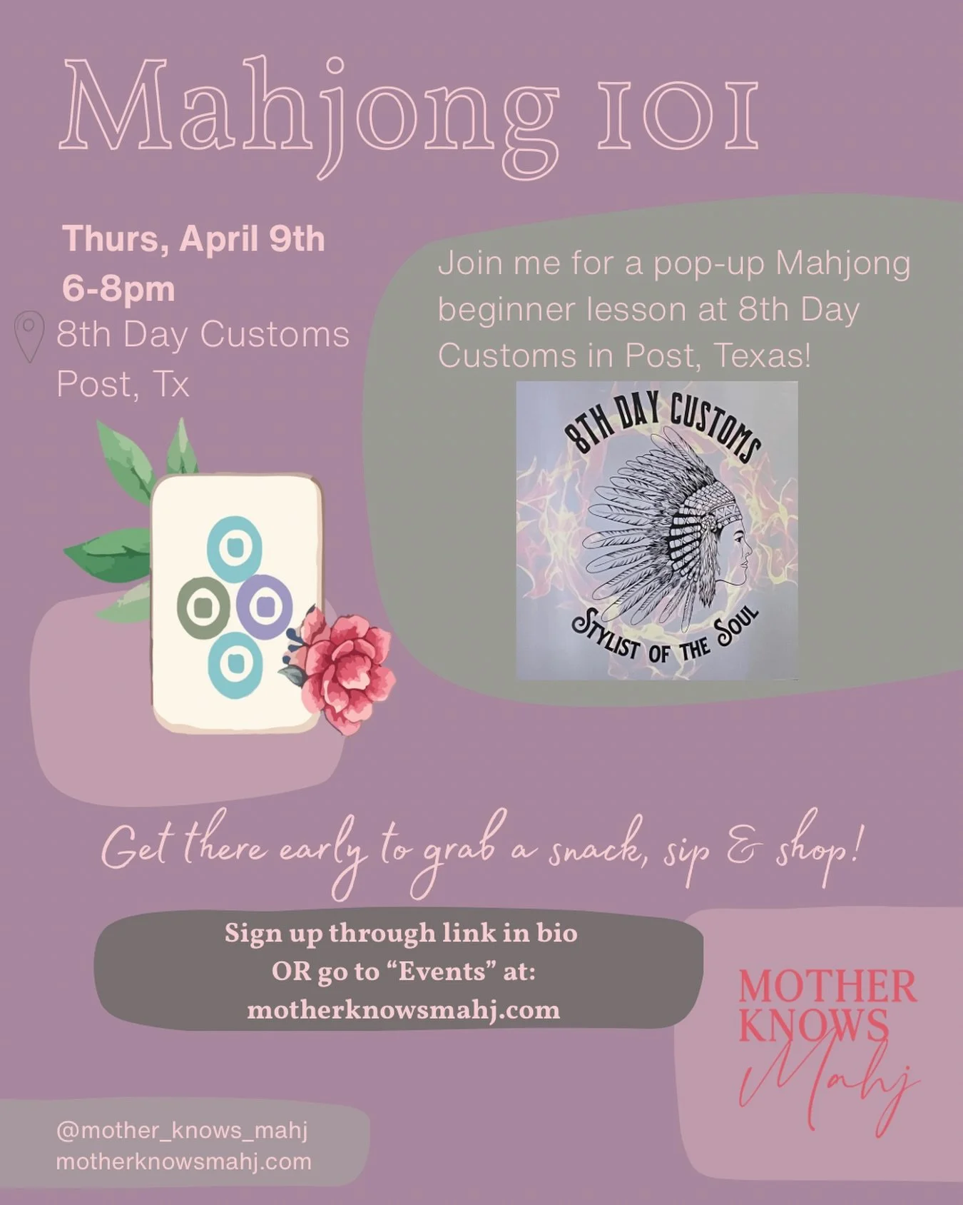 📣Beginner lesson in Post, Texas coming in April!

🀄️Come learn how to play American Mahjong on Thursday, April 9th @8thdaycustoms from 6-8pm.
🛍️ Enjoy snacks, sips and private shopping from 5-6pm. 
🌟Spend a minimum of $25 in store to qualify for 