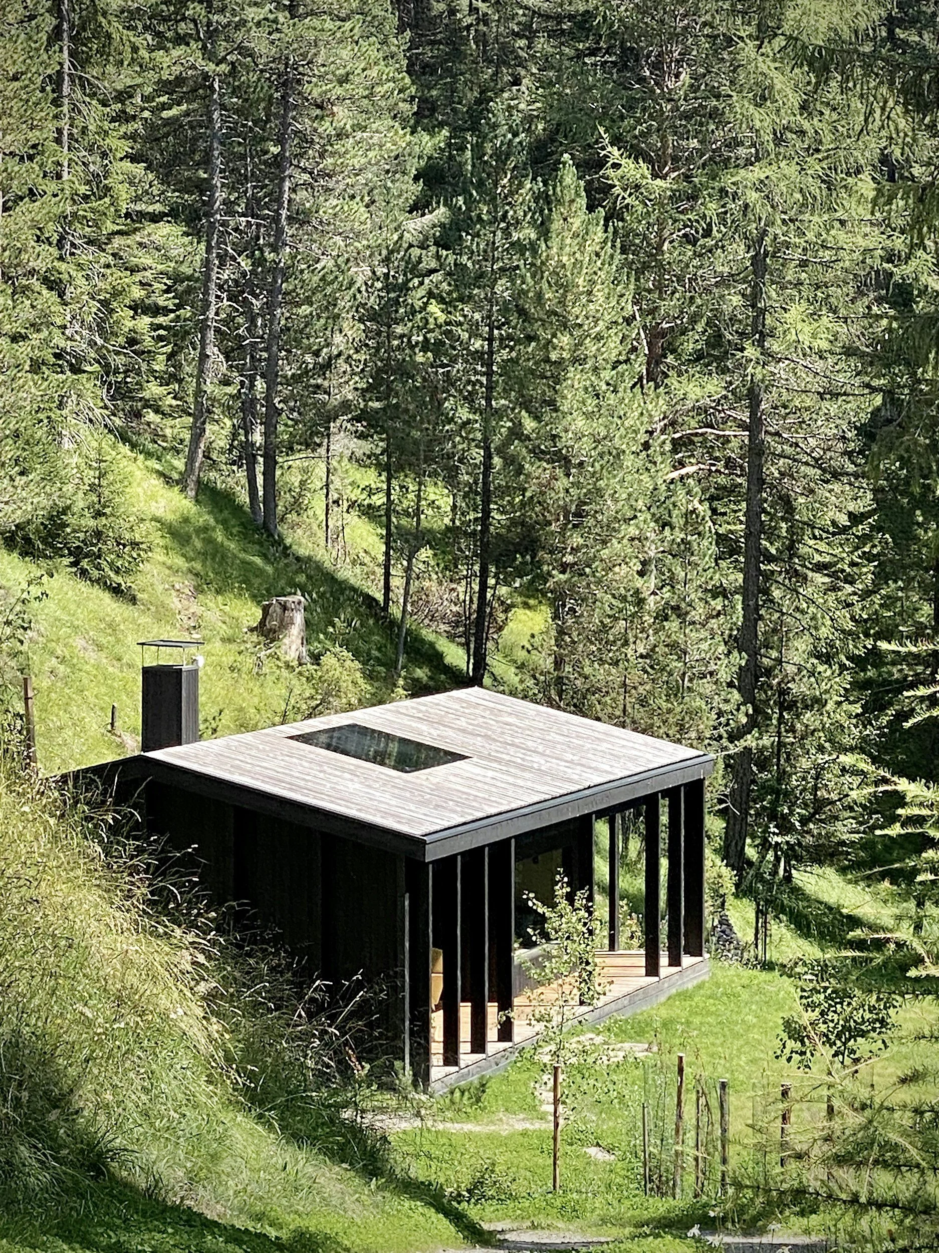 Small modern cabin tucked against the hillside in a forest
