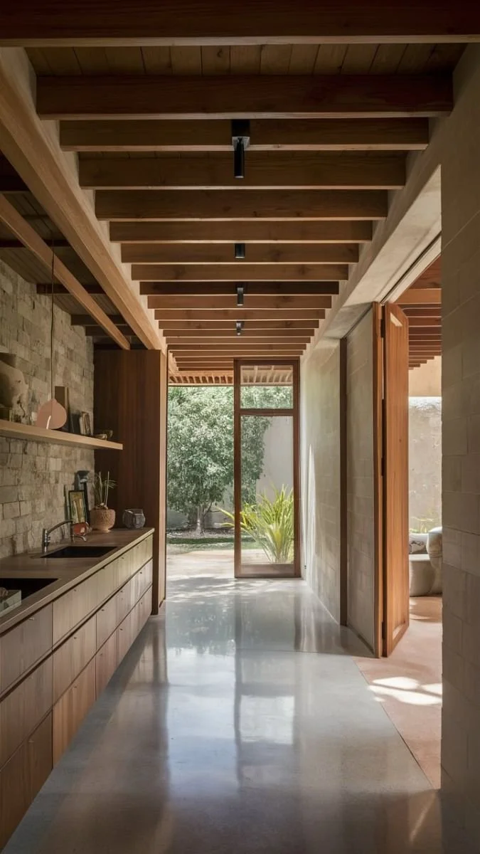 Strawbale home with clay plaster adobe walls, wooden ceiling, natural stone backsplash in kitchen and a large wooden sliding door at the end of the hall