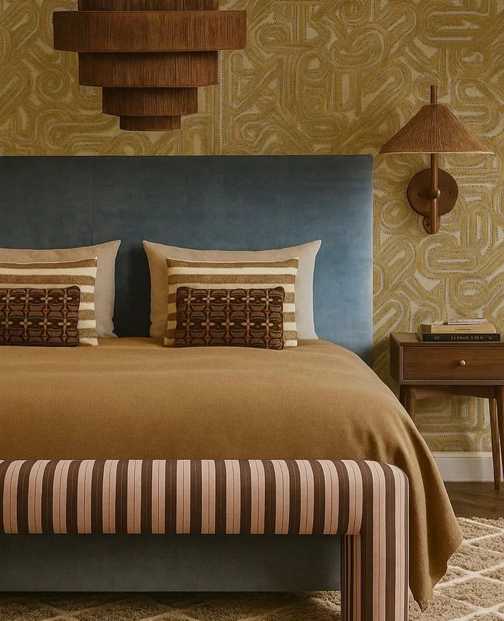 Modern bedroom colour drenched with rich colours, fabric textures, and patterns