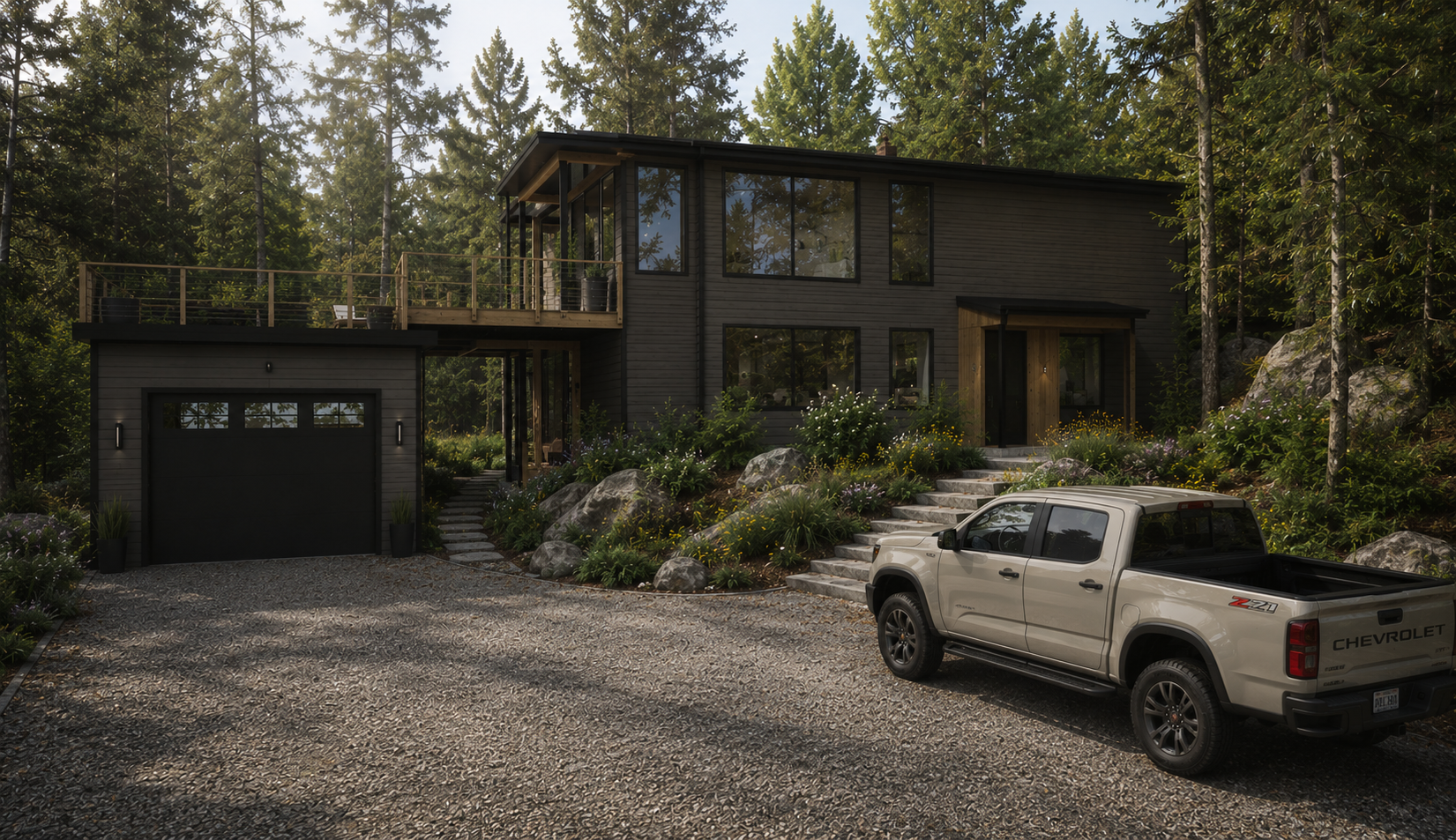 Maison dans les Laurentides avec un porche reliant un garage détaché.