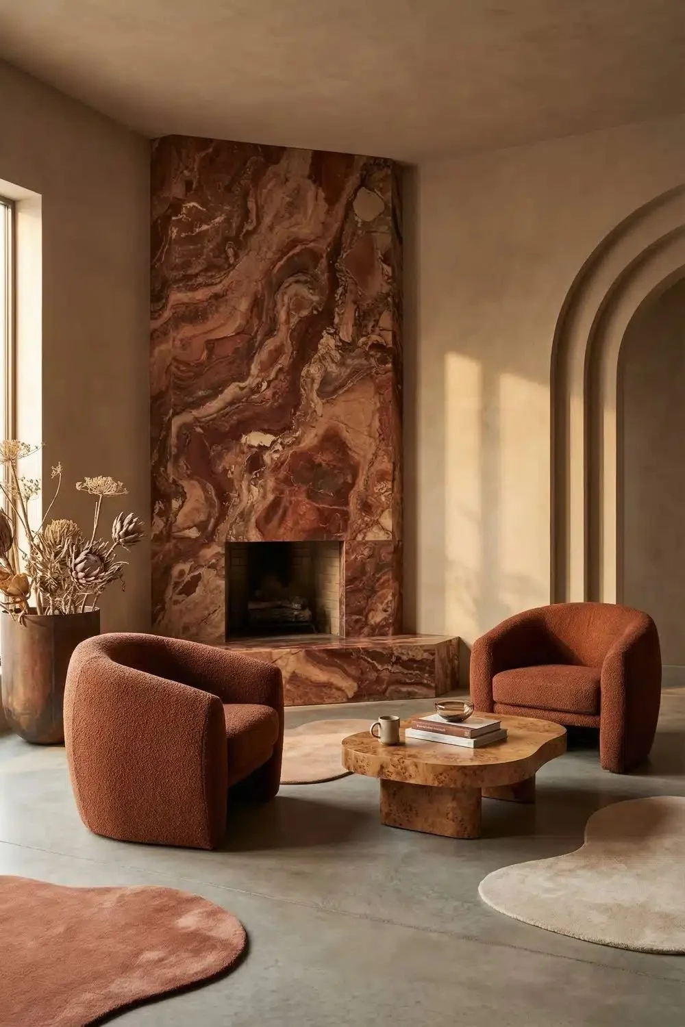 Salon avec foyer en argile et marbre du plancher au plafond, planchers de béton, fauteuils terracotta et table basse en bois de loupe.