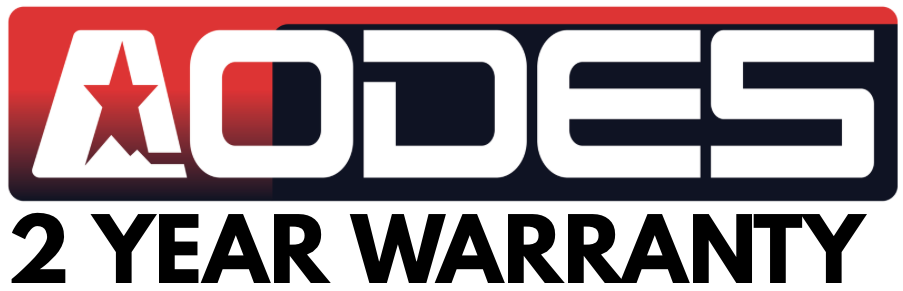 Logo with the words 'AODES' and a red star, with '2 YEAR WARRANTY' written below in black text.