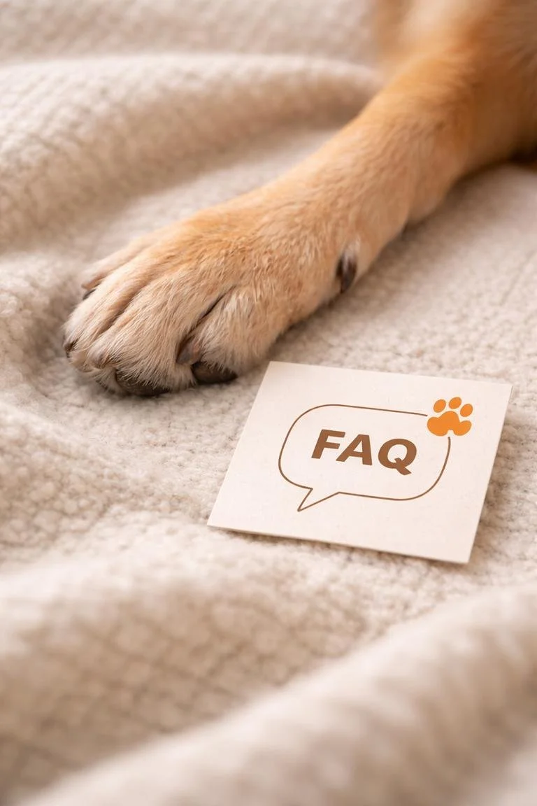 Hunde Pfote neben einer FAQ-Karte auf einem weichen, hellgrauen Stoff
