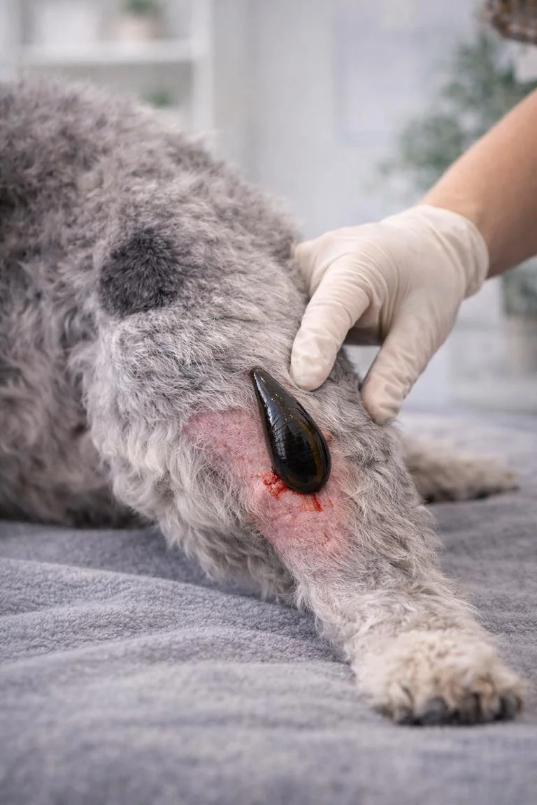 Ein Hund liegt auf einem Tisch, während jemand eine medizinische Behandlung durchführt, um eine große schwarze Zecke am Oberschenkel des Hundes zu entfernen.