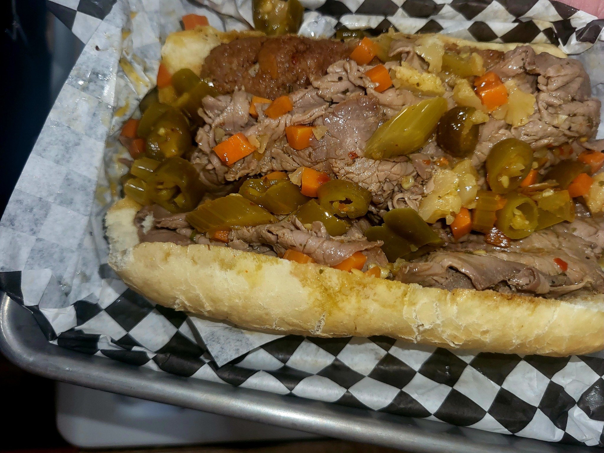 Chicago Johnnys Giardiniera on Italian Beef Sandwich