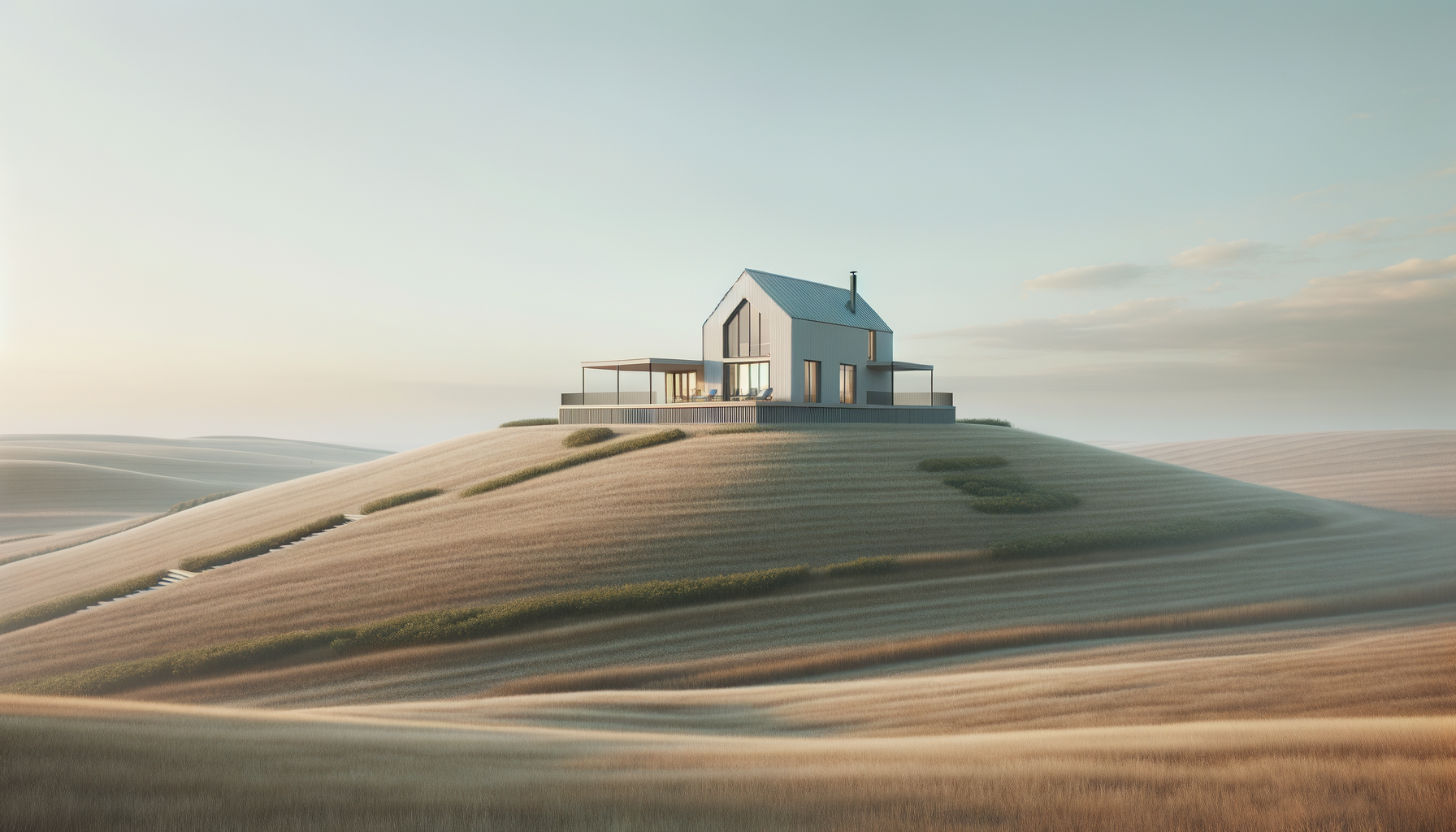 A modern house on a hill with a deck, large windows, and a sloped roof, surrounded by rolling farmland under a cloudy sky.