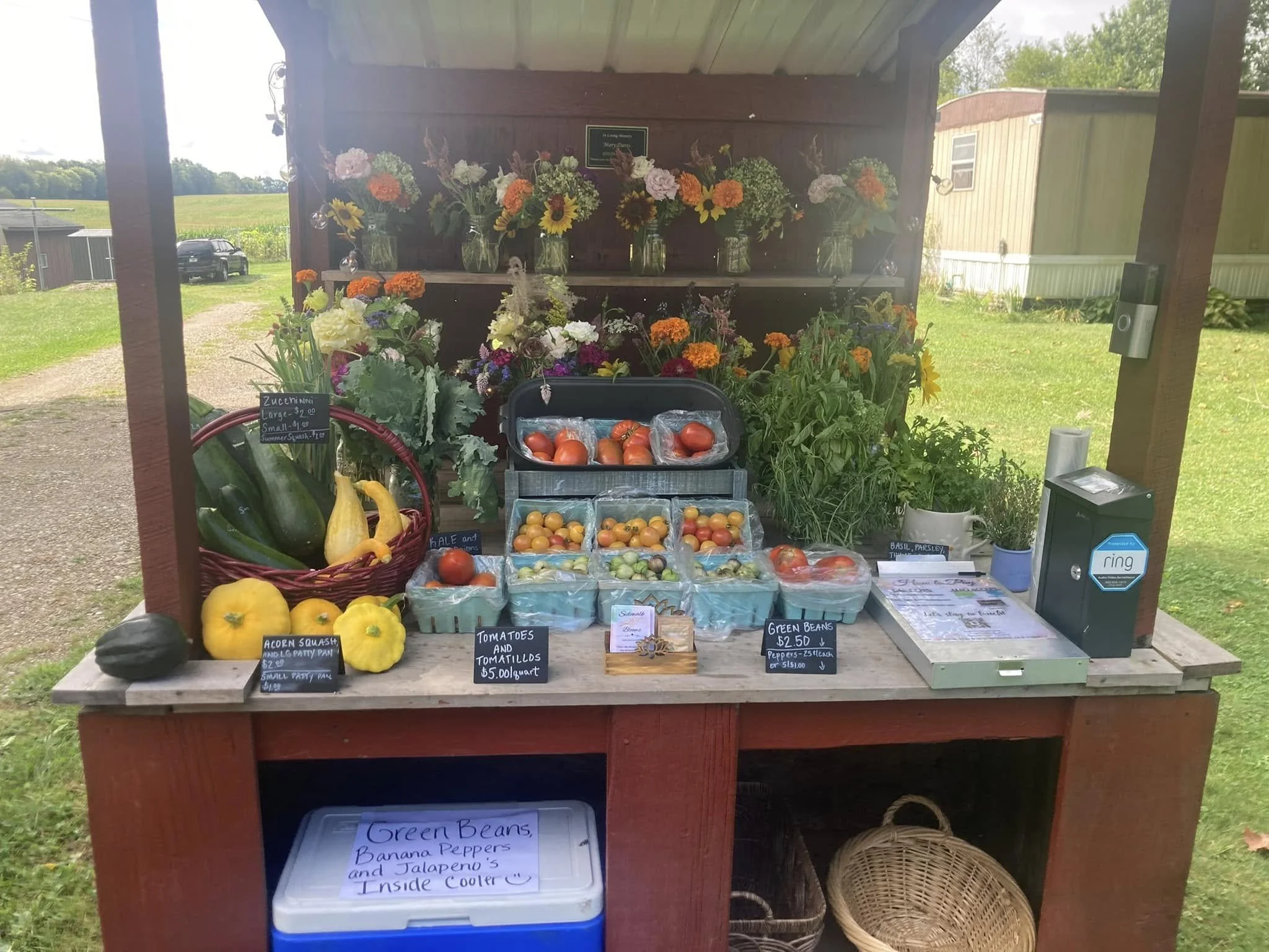 Fresh vegetables and flowers displayed at a farmers market stand. Items include zucchini, yellow squash, green beans, tomatoes, and various flowers in vases. Signage shows prices for zucchinis, tomatoes, and green beans. There is a cash box and a note indicating green beans, banana peppers, and jalapenos inside cooler.