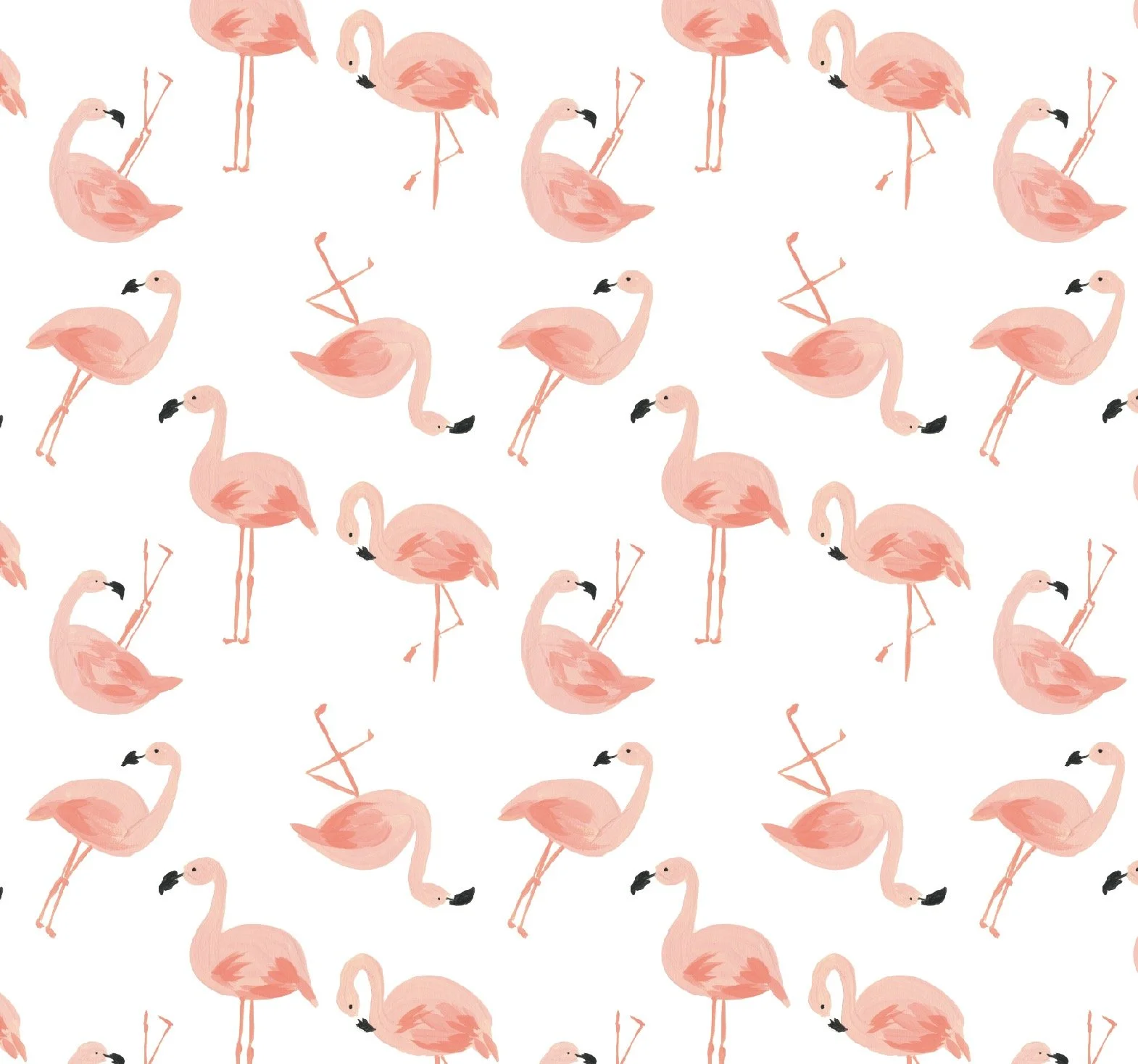 Pattern of pink flamingos in various poses on a white background.
