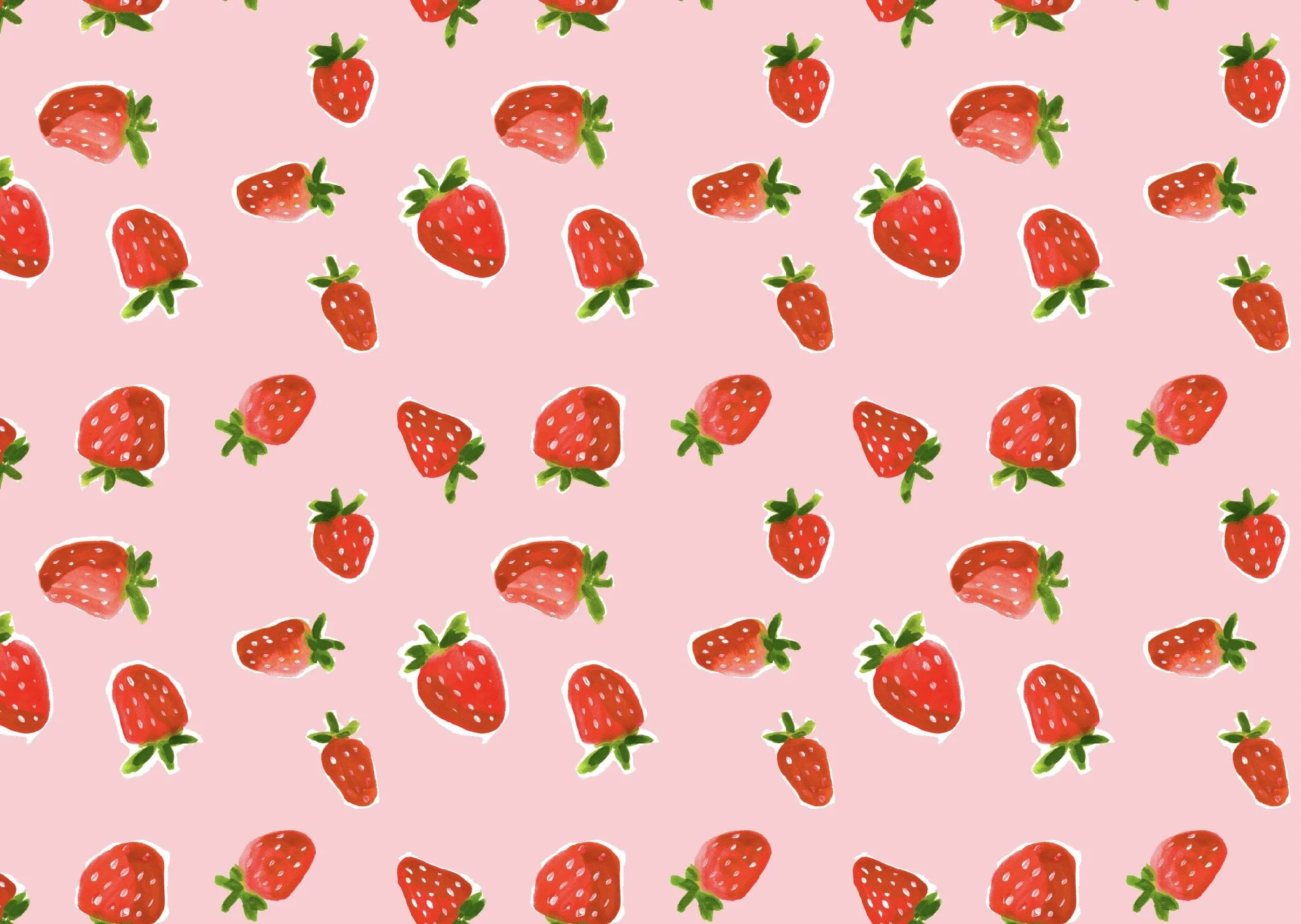 Pattern of red strawberries with green leaves on a pink background.