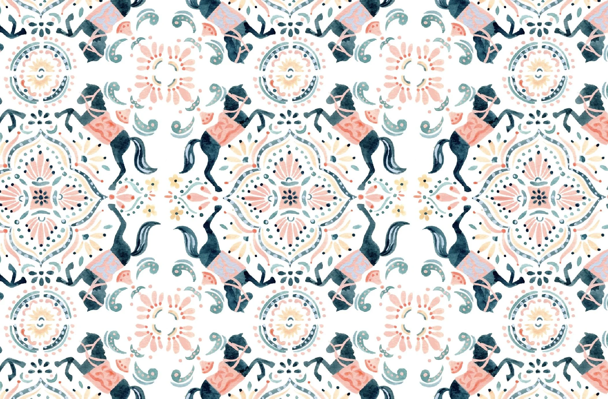 Pattern of black horses wearing pink saddles, surrounded by intricate, symmetrical floral and geometric designs in shades of pink, cream, and gray.