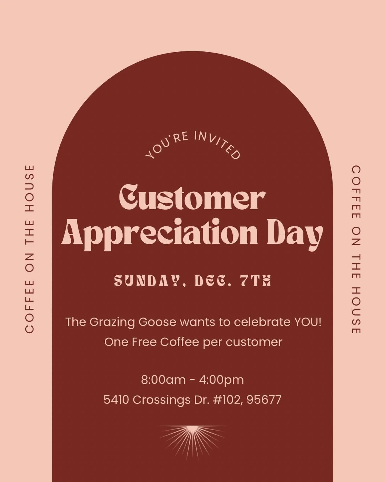To celebrate our caf&eacute; and bakery customers, your first coffee this Sunday is on us! You all have been so patient, kind, and supportive as we power through the holiday catering season, and we want to show you our appreciation. Stop by this Sund