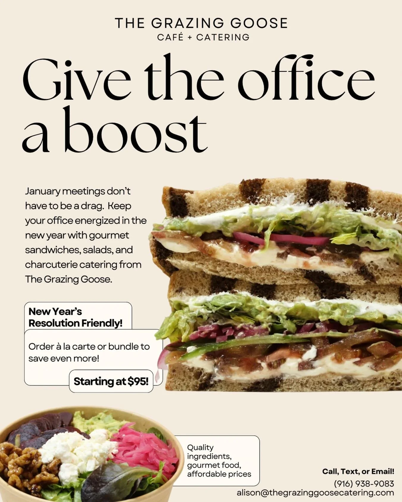 Beat the post-holiday blues with lunch catering from The Grazing Goose! Starting at just $95, our gourmet sandwiches, salads, and charcuterie are the perfect way to get your team pumped to be back in the office this January without breaking the bank 