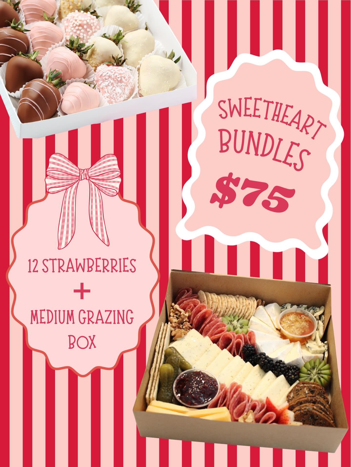 Who knew love could be so tasty? Show your Valentine how much you adore them with The Grazing Goose&rsquo;s Sweetheart Bundle. That&rsquo;s a dozen chocolate covered strawberries and a medium charcuterie grazing box for only $75. Light those candles,