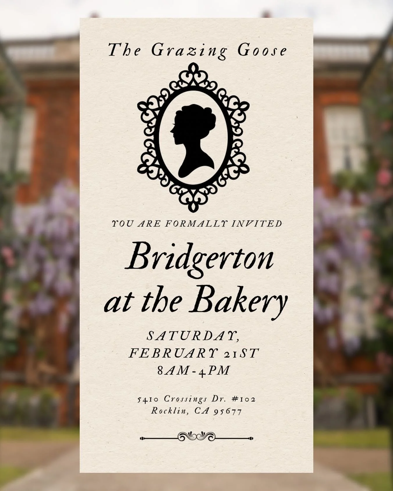 Dearest Gentle Reader,

Should one be in search of merriment on Saturday, the 21st of February, look no further than Bridgerton at the Bakery with The Grazing Goose. This special one day event will have Bridgerton inspired menu items, decor, and in-c